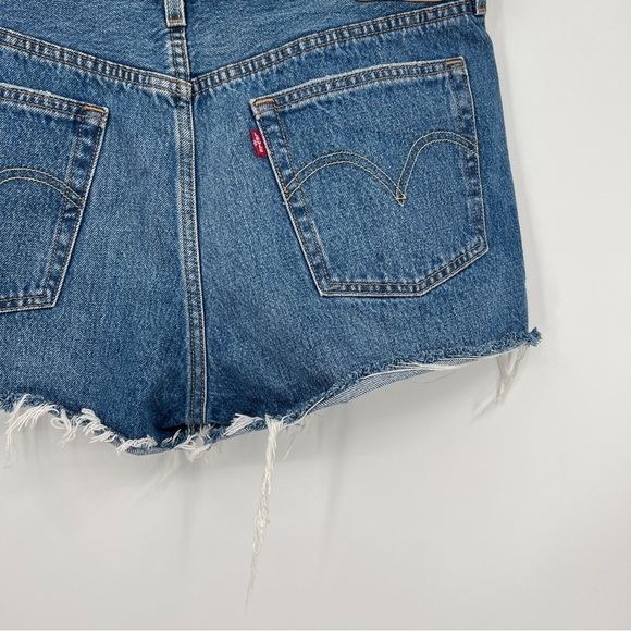 Levi's 501 medium wash button placket frayed raw edge whiskered denim shorts. - Picture 10 of 13
